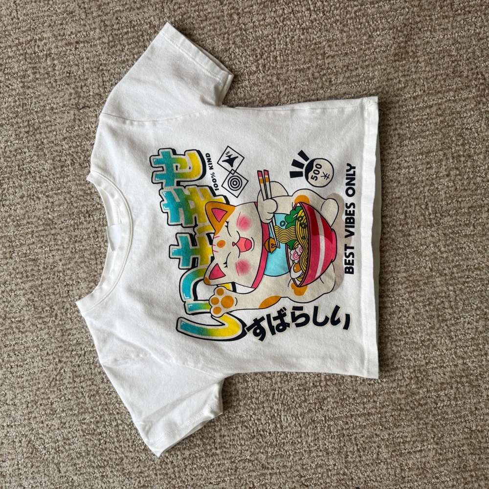 Kids White Graphic Tee with Cat Design